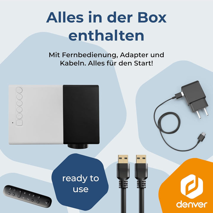 DENVER PR-1000 Mini Beamer, Unterstützt Full HD 1080p, Tragbarer LED Projektor mit HDMI, USB-C & Mic