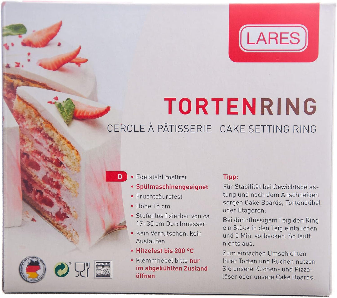 Lares Kuchenring/Tortenring mit Klemmhebel - 18-30cm Ø, H: 15cm - Federbandstahl, stufenlos verstell