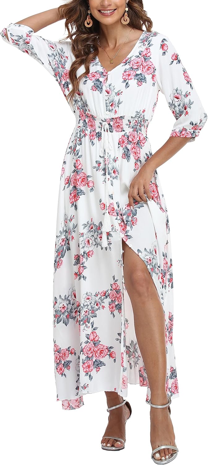 VOGMATE Damen Lange Split Knopf Up Sommer Maxikleid Floral Strandwear Holidy Kleid Hohe Taille mit k