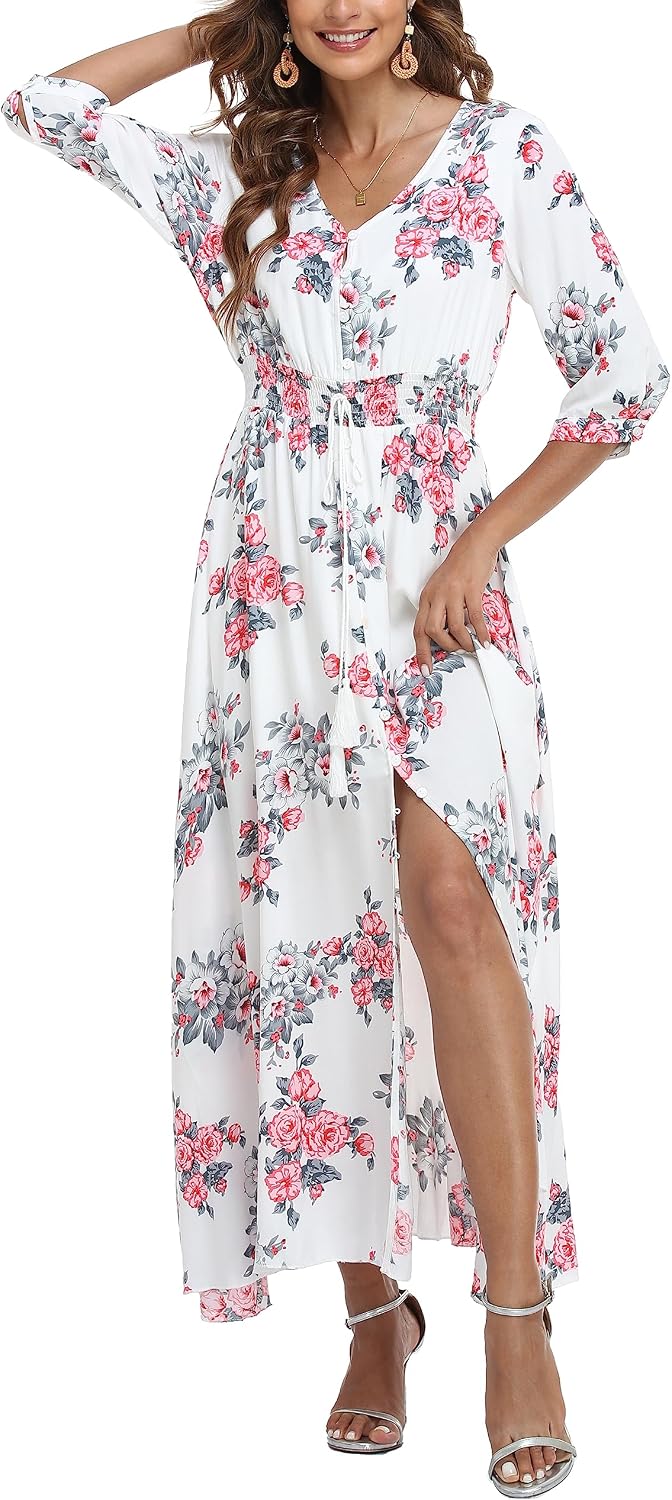 VOGMATE Damen Lange Split Knopf Up Sommer Maxikleid Floral Strandwear Holidy Kleid Hohe Taille mit k