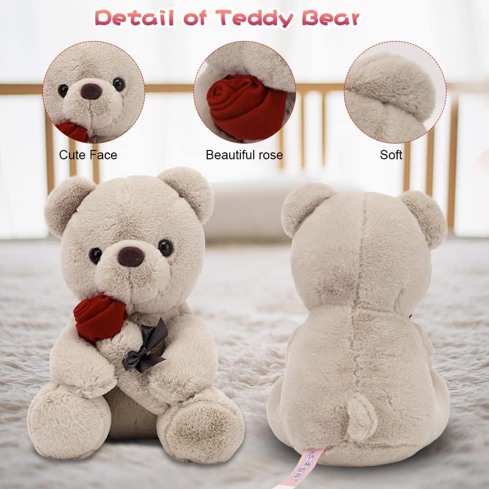 Teddybär, Plüsch-Bär, Teddy mit Rose, 23 cm Teddybären Rose Stofftier Spielzeug Dekozimmer Kissen, P