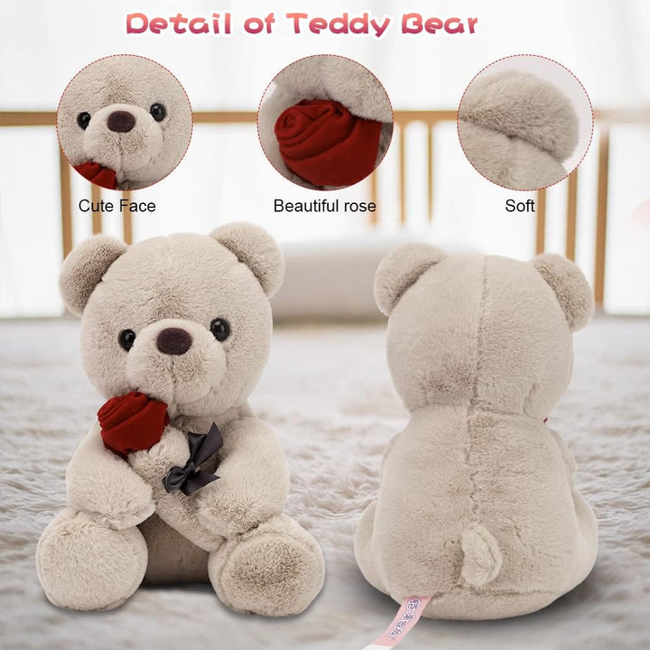 Teddybär, Plüsch-Bär, Teddy mit Rose, 23 cm Teddybären Rose Stofftier Spielzeug Dekozimmer Kissen, P