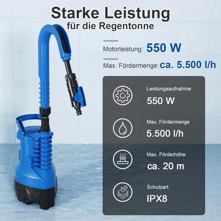 FOTING Regenwasserpumpe mit Kabel: Tauchdruckpumpe mit integriertem Filter, Fördermenge 5.500 l/h, F