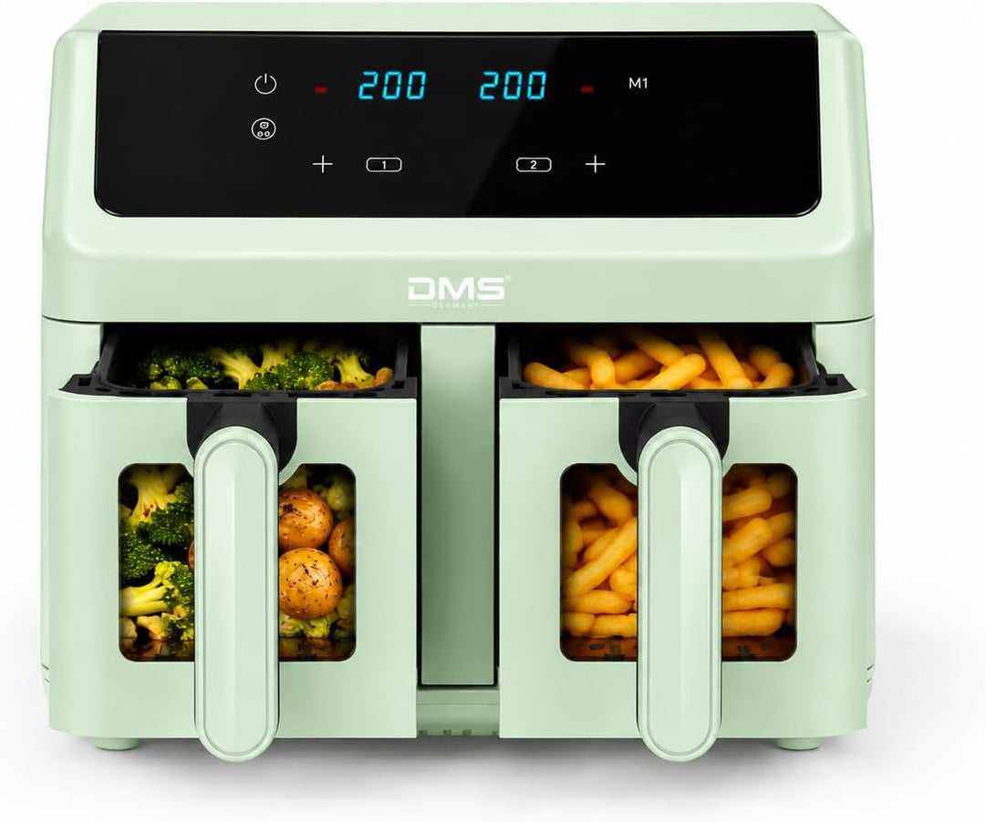 DMS® Doppelkammer Heissluftfritteuse 9L 2000W Air Fryer, Digitales Touch-Display, Dual Zone, 8 Autom