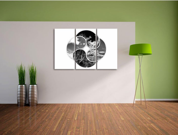 Pixxprint Die Vier Elemente Kunst B&W / 3-Teilig/Gesamtmass 120cm Leinwandbild bespannt auf Holzrahm