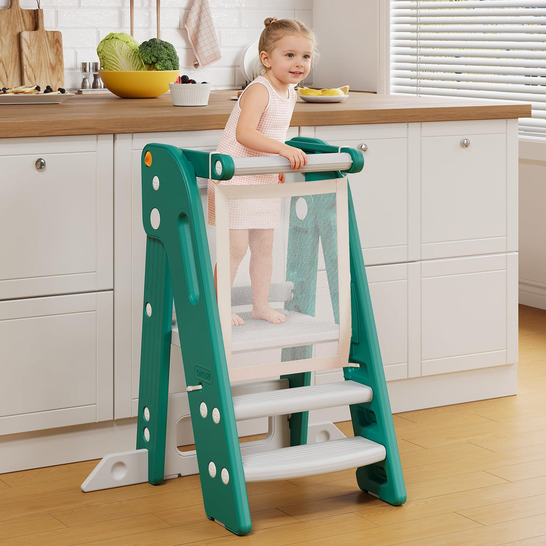 Onasti Lernturm für Kinder mit Sicherheitsgeländer, Lernturm Klappbar, Höhenverstellbar, Learning To