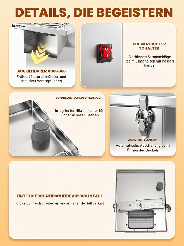 NEWTRY 3-in-1 Elektrischer Gemüseschneider -200W Küchenmaschine mit Edelstahlgehäuse zum Würfeln, Ra