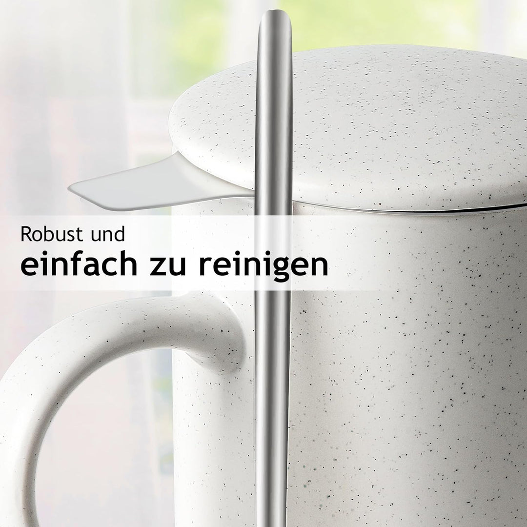 MIAMIO - Tee Tassen Set 2 x 500 ml mit Deckel und Sieb/Keramik Tee Becher mit Teeei und Löffel für d