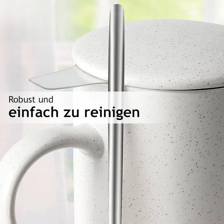 MIAMIO - Tee Tassen Set 2 x 500 ml mit Deckel und Sieb/Keramik Tee Becher mit Teeei und Löffel für d