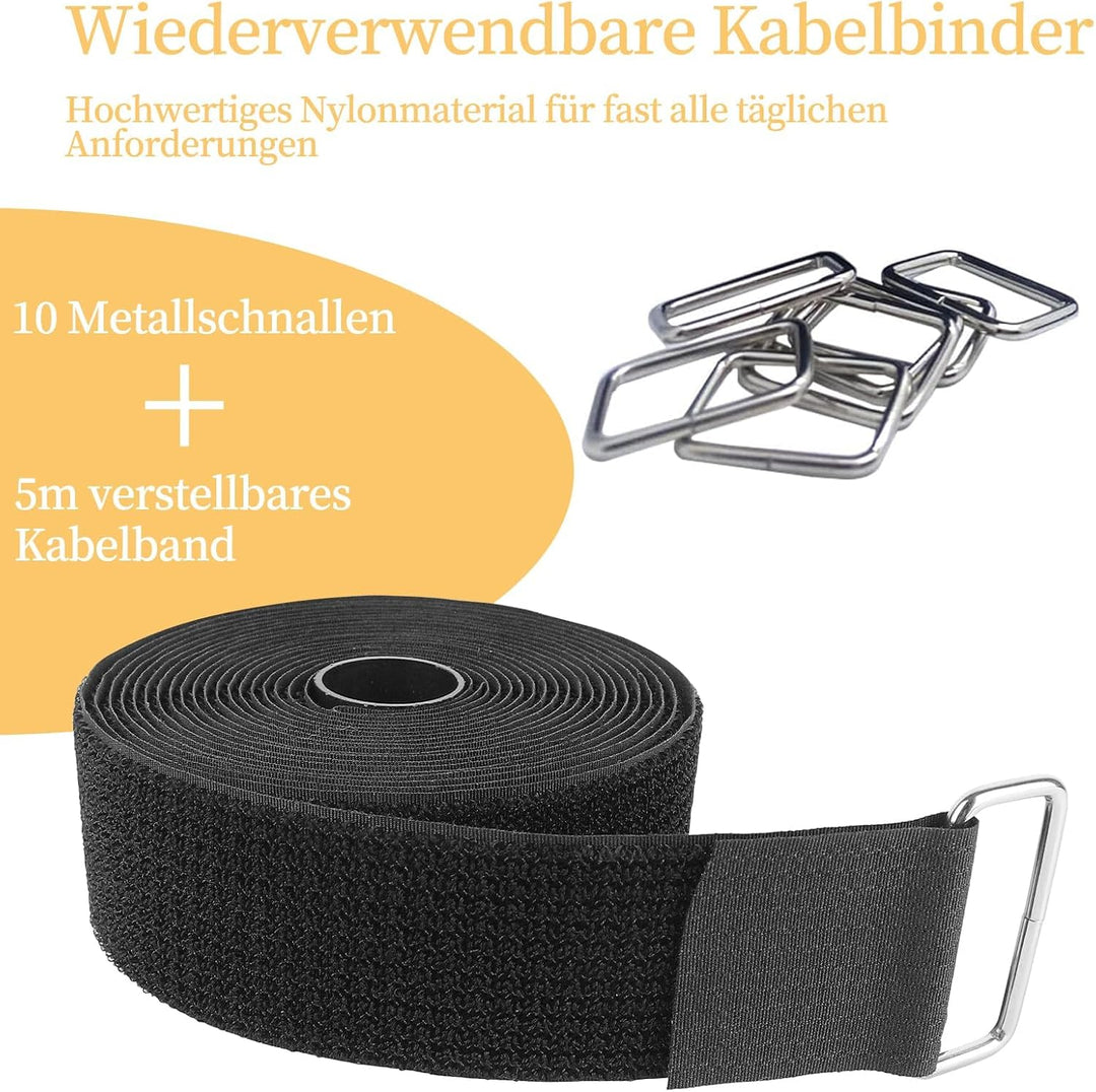10m x 5cm Klettband mit 30 Schnallen, Breit Klett Kabelbinder Wiederverschliessbar, Frei Zuschneidba