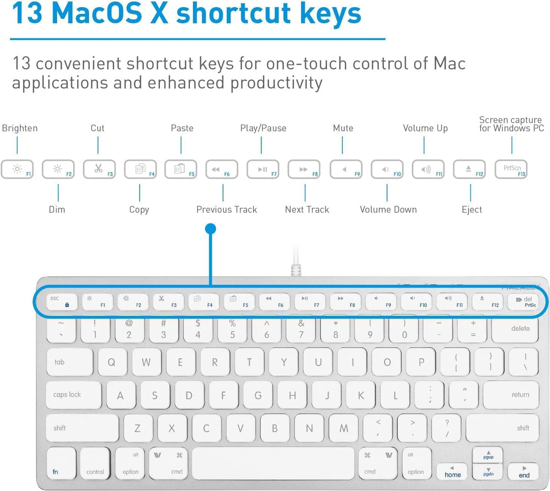 Macally SLIMKEYCA, kompakte USB -A-Tastatur für Mac, US QWERTY Tasten-Layout Silber, Silber