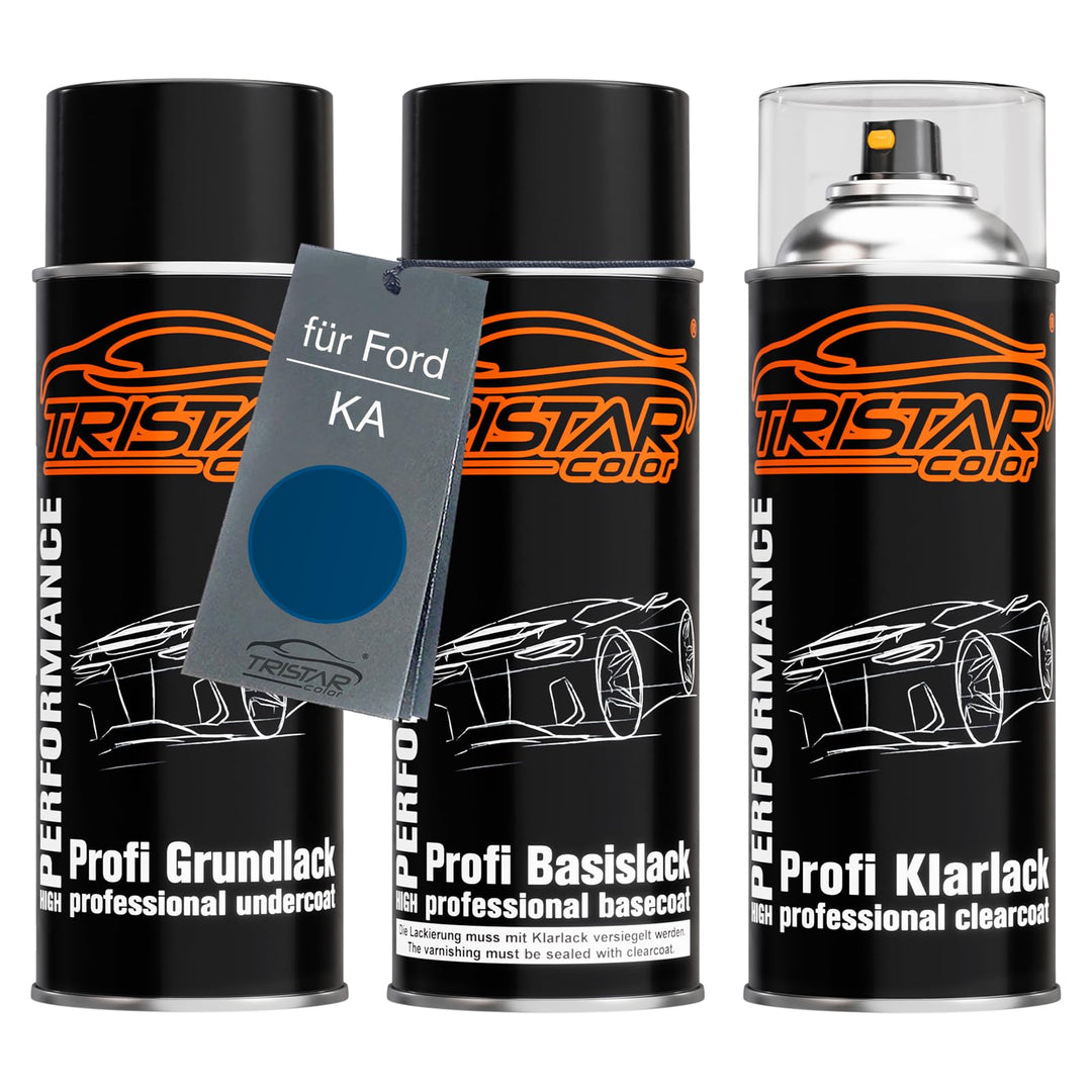 Autolack Spraydosen Set für Ford KA Medium Melina Blue Metallic Grundlack Basislack Klarlack Sprühdo
