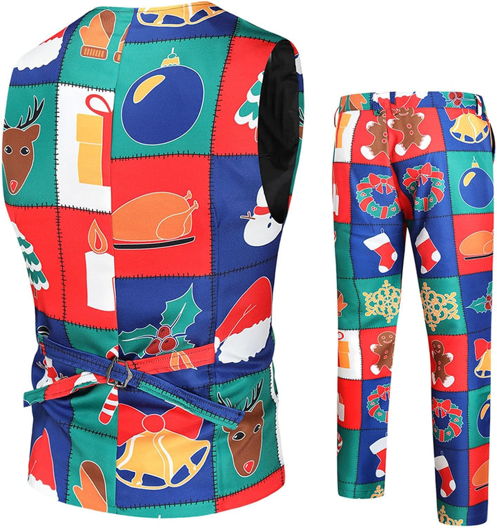 Herren Weihnachtsanzug 2Teilig Weihnachtsweste Slim Fit Button Verschiedene Weihnachtsmotiv Formal W