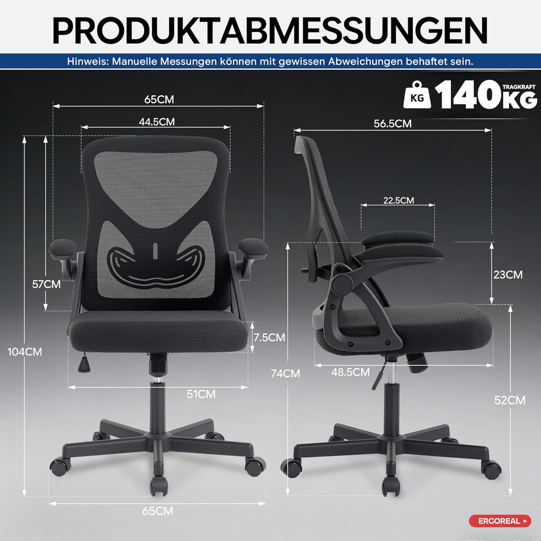 Bürostuhl ergonomisch – Schreibtischstuhl Netz, Lendenstütze 150kg | Klappbare Armlehnen, verstellba