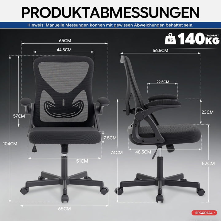 Bürostuhl ergonomisch – Schreibtischstuhl Netz, Lendenstütze 150kg | Klappbare Armlehnen, verstellba