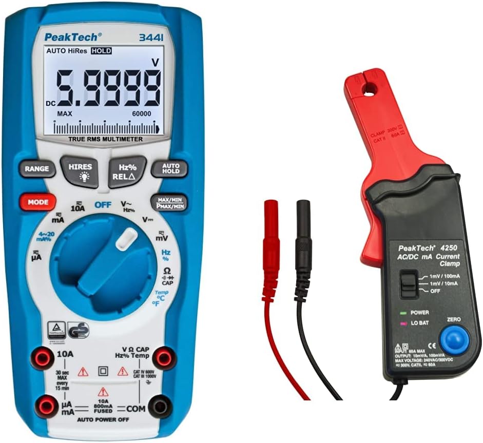 PeakTech 3441 – True RMS Digital Multimeter - CAT III 1000 V, Blau & P 4250 4250 - Stromzangen-Adapt