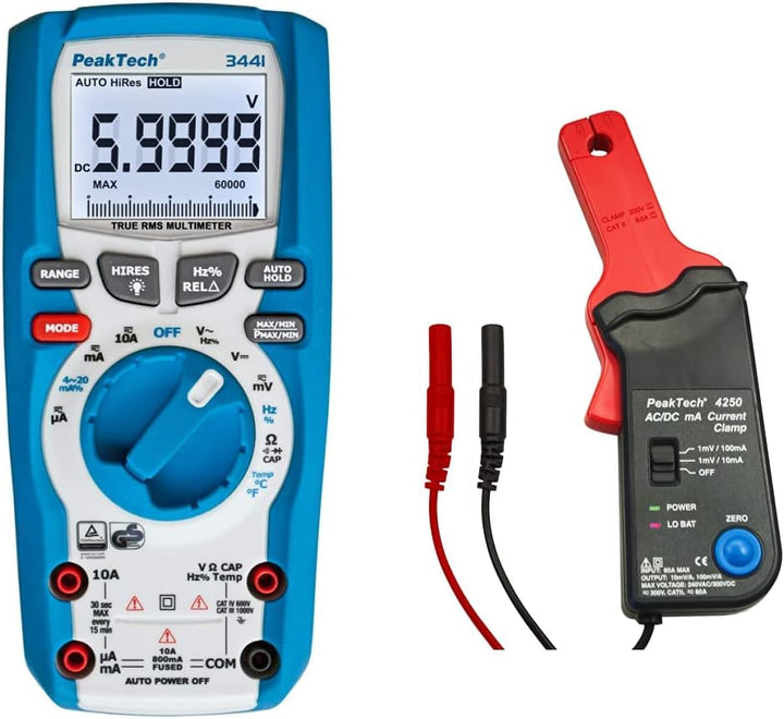 PeakTech 3441 – True RMS Digital Multimeter - CAT III 1000 V, Blau & P 4250 4250 - Stromzangen-Adapt