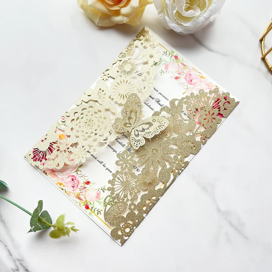 Hosmsua 20 x Blanko-Champagner-Gold-Glitzer-Hochzeitseinladungskarten mit Schmetterlingsspitze, Flor