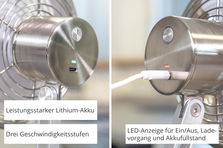 Unold STEEL FLEX Akku Ventilator 86705 | leise & kabellos – Tischventilator aus Edelstahl, 12h Laufz