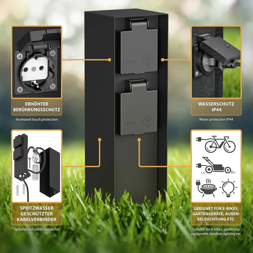 ledscom.de 2 Stück Garten-Steckdosen-Säule POMI mit Erdspiess für aussen, IP44, 2-Fach, schwarz, eck