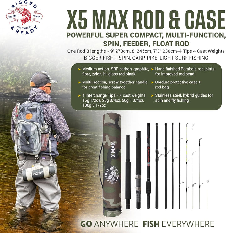 Rigged & Ready X Series Travel Fishing Rods. 6 Super Compact, Multi-Functional, Portable, Spin, Bass