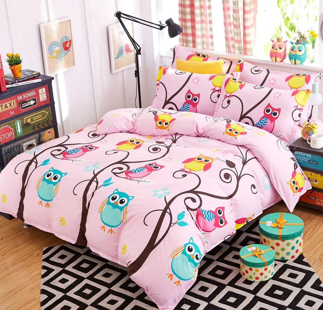 AShanlan Kinderbettwäsche 140x200 Mädchen Rosa Eule Motiv 2 Teilig Weich Microfaser Pink Owl Kinder