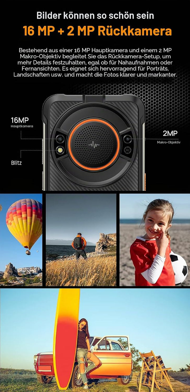 Ulefone Armor 16 PRO Android 12 Outdoor Handy Ohne Vertrag, 122Db Lautsprecher, 9600mAh Akku, Glare