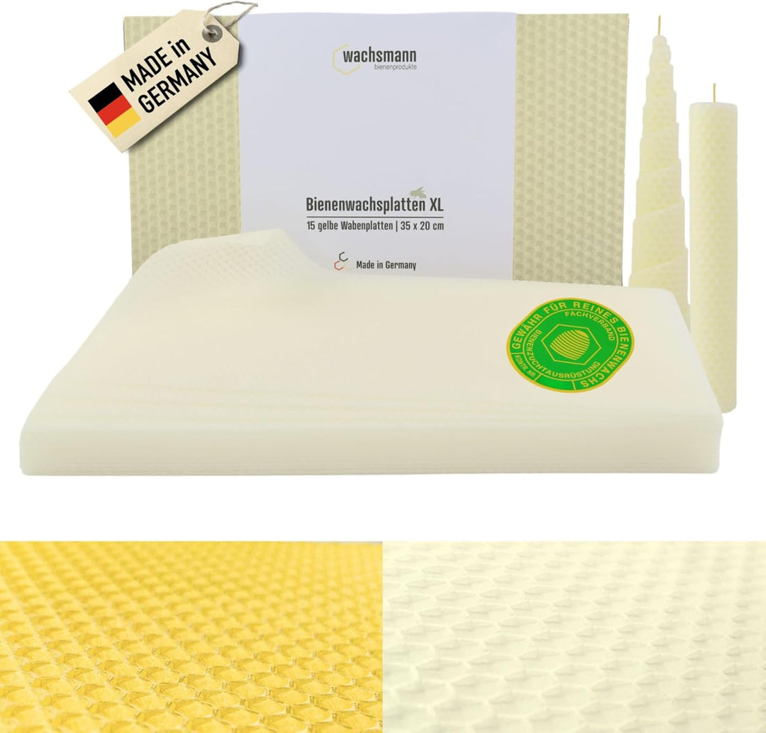 Wachsmann 15 XL Bienenwachsplatten 35 x 20 cm, reines Bienenwachs aus Deutschland, weiss, Wachsplatt