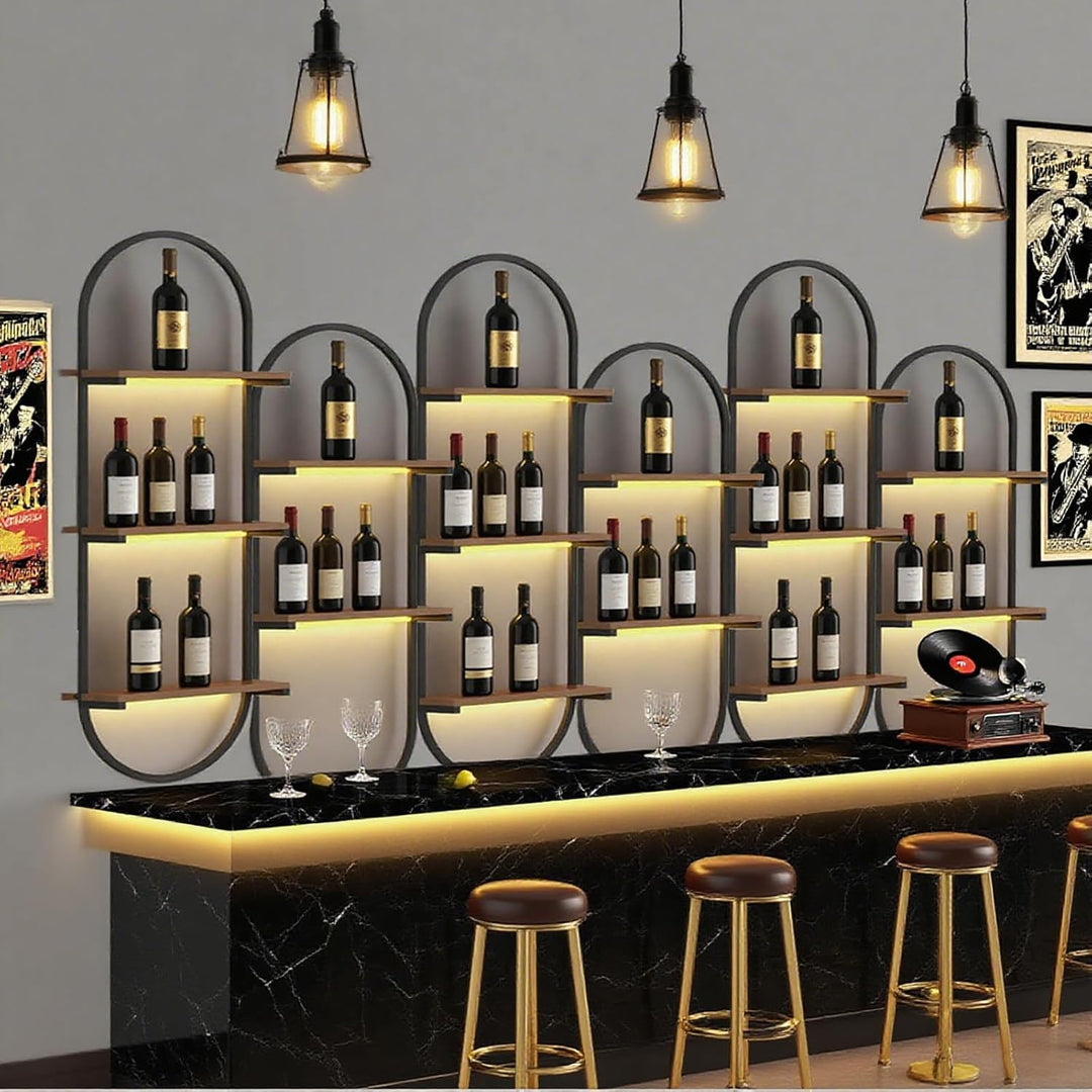 Weinregal Wand aus Metall, schwarzes schwebendes Industrieregal, 3-stufiger Wandmontage Wine Display