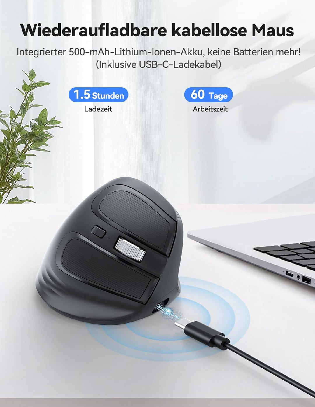 TECKNET Ergonomische Maus Bluetooth, 2.4G Wiederaufladbare Kabellos Vertikale Maus mit 4800 DPI, 3 G