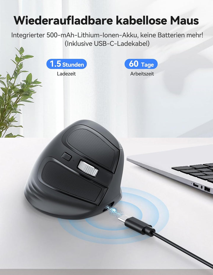 TECKNET Ergonomische Maus Bluetooth, 2.4G Wiederaufladbare Kabellos Vertikale Maus mit 4800 DPI, 3 G