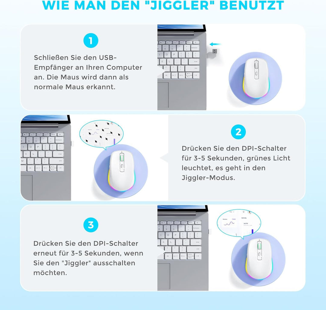 seenda Kabellose Maus LED, Wiederaufladbar Maus Kabellos mit Maus Jiggler, Leise 2.4G USB Funkmaus f