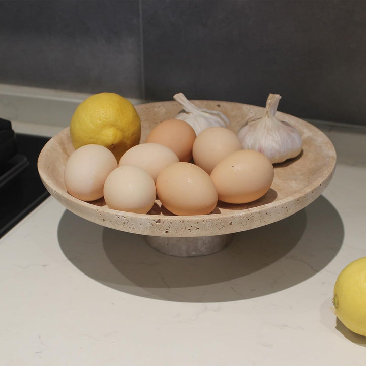 Natürliche Travertin-Obstschale für Küchentheke, 25,9 cm, grosse dekorative Schale, Sockel für Heimd