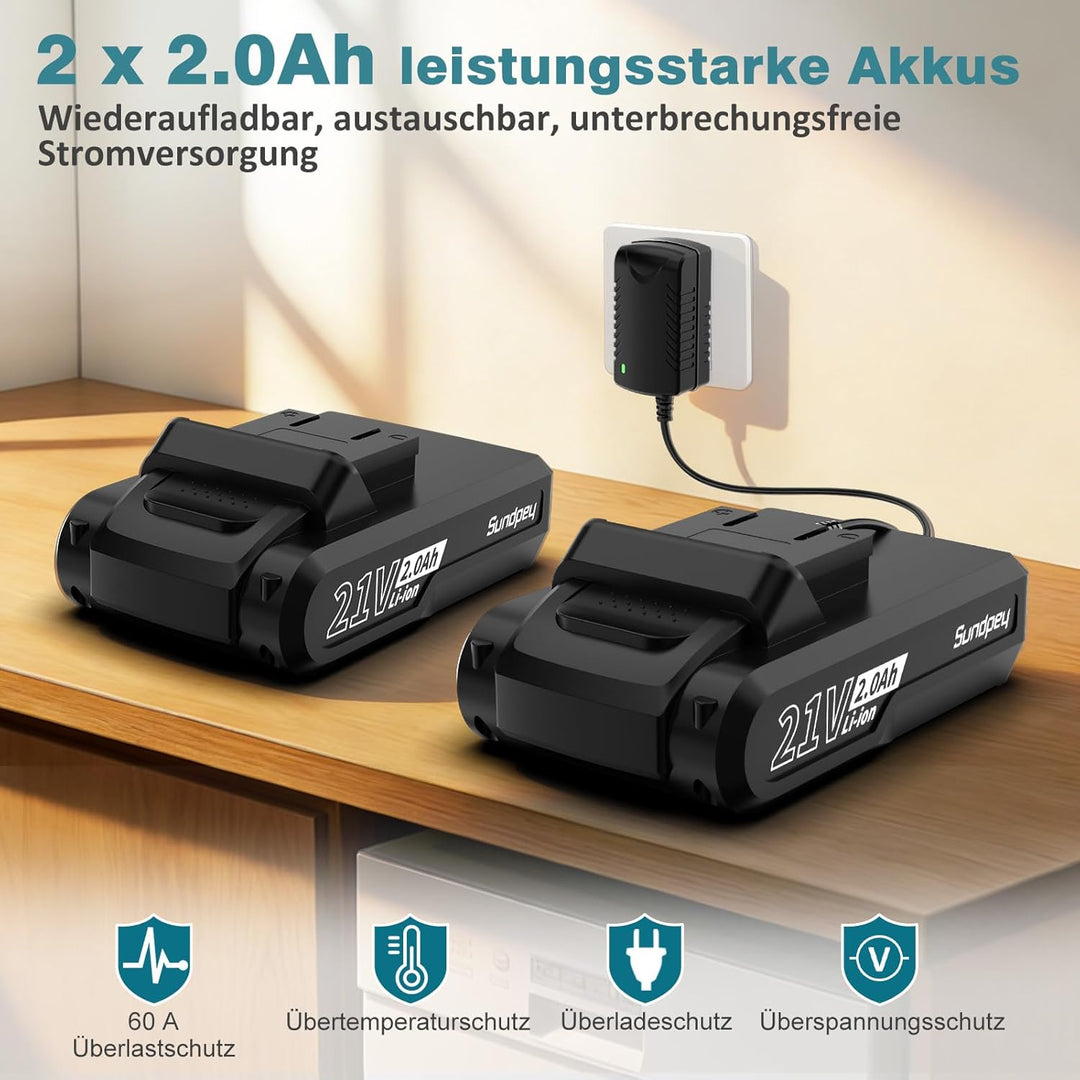 Sundpey Akkuschrauber Set mit 2 Akkus 2,0Ah, 21V Akkubohrer und Schrauber, 1500U/min 45Nm Max Akku B