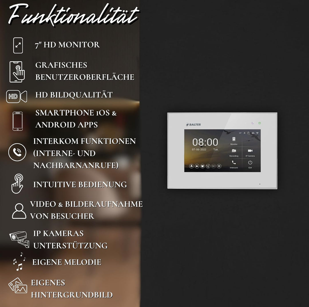 SCHUTZER Balter EVO-HD Video-Türsprechanlage für 1 Familienhaus, 7" Touchscreen Monitor 175° Weitwin