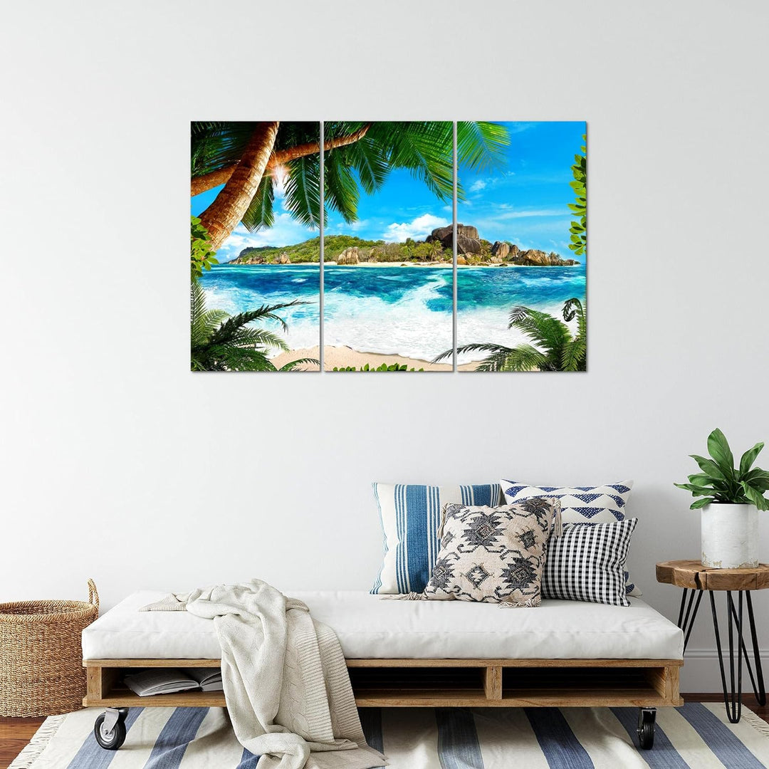 Runa Art Wandbilder Karibik Insel Bild XXL Wohnzimmer Schlafzimmer Blau Palme Meer 120 x 80 cm 3 Tei