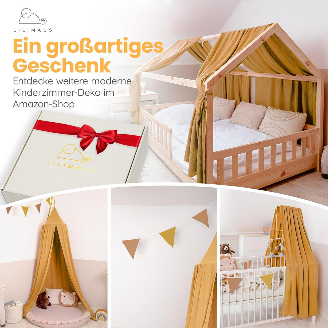 lilimaus Hausbett Himmel [Gelb] - Betthimmel Hausbett aus 100% Baumwolle Musselin Handmade - Stoffhi