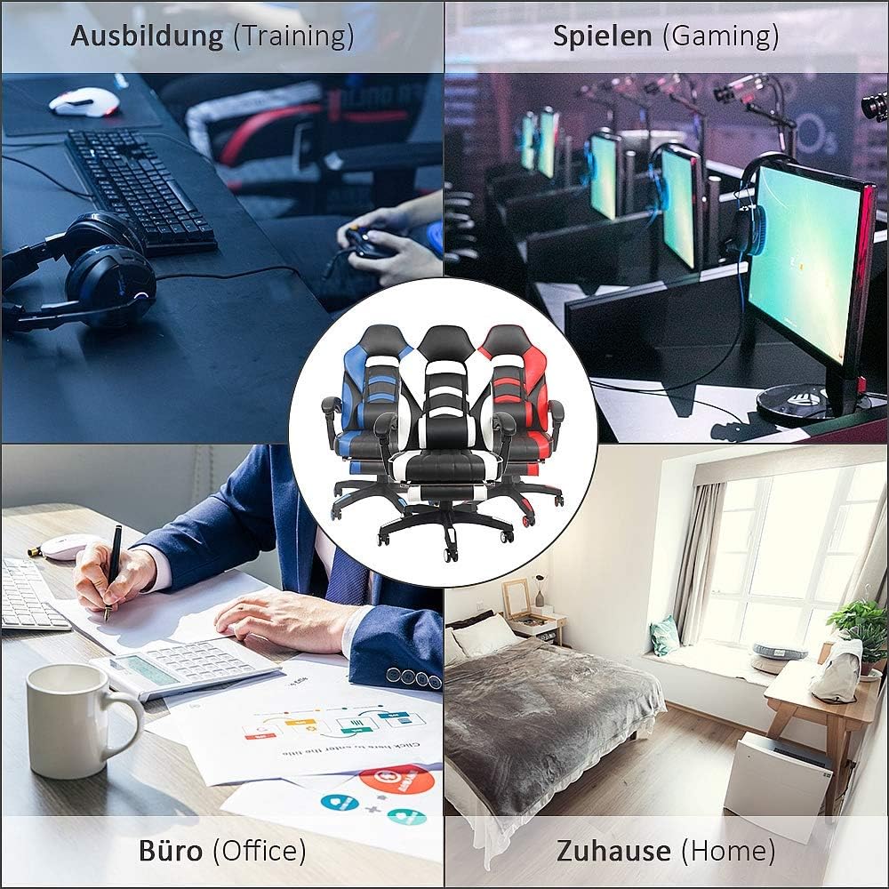 Melko Gamingstuhl Ergonomischer Bürostuhl mit Fussstütze in Schwarz Blau Racing Stuhl Office Schreib