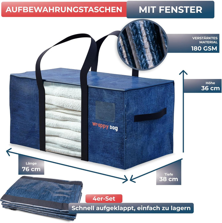 WRAPPYBAG im 4er-Pack Aufbewahrungstaschen in XXL-Format – Sichtfenster – Taschen für Umzug/Reise –