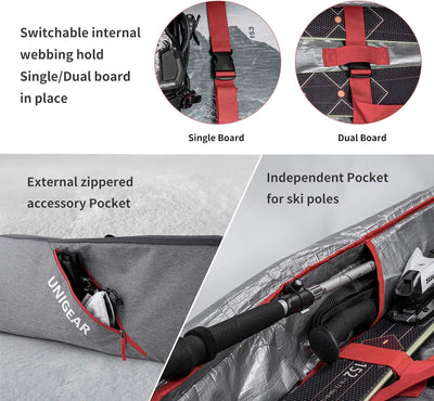 Unigear Skitasche, doppelt gepolstert, Snowboardtasche, Langlauftasche für 1-2 Paar Ski, 165/175 cm