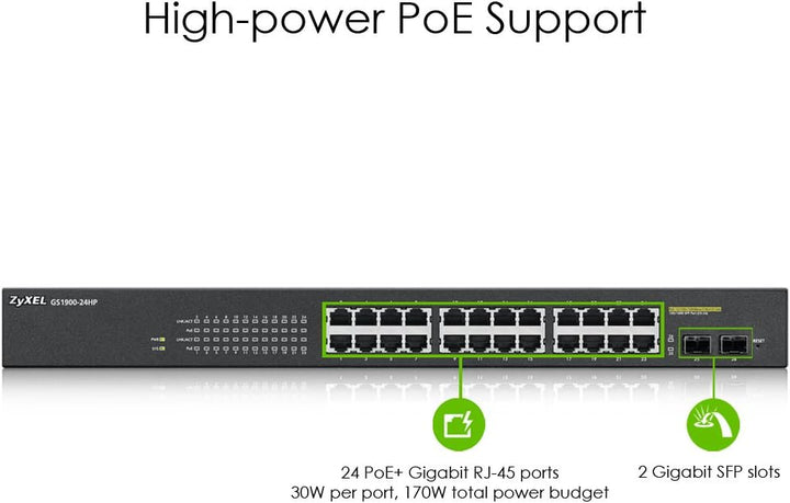 Zyxel 24-Port Gigabit PoE Switch | Smart managed | Rackmontage | 24 PoE+-Ports mit einem Budget von