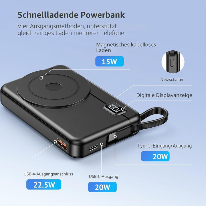 Magsafe Powerbank 10000mAh 22.5W Magnetische - Kabelloses Externe Handyakkus mit Typ-C-Eingang und -