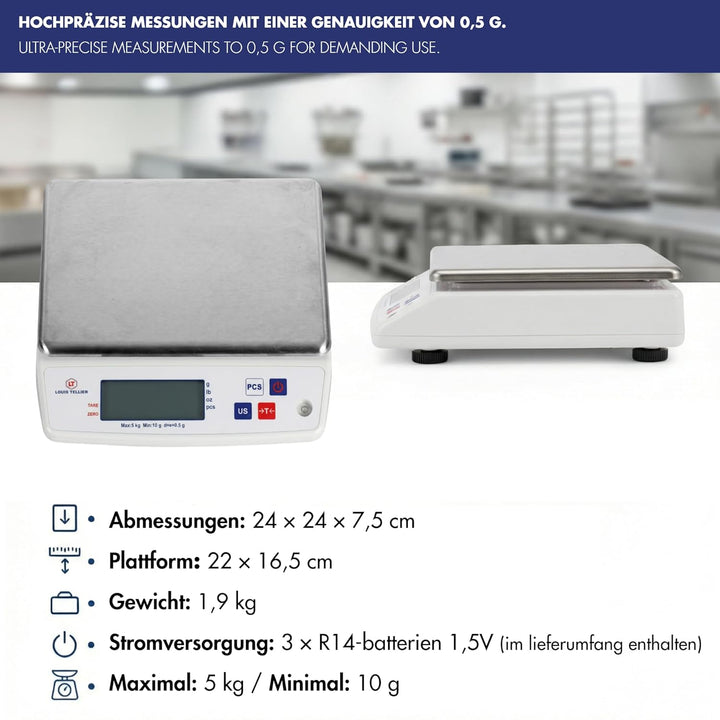 LOUIS TELLIER, Professionelle Elektronische Waage, 5 kg, IP53, Genauigkeit 0,5 g, Abnehmbare Waagsch
