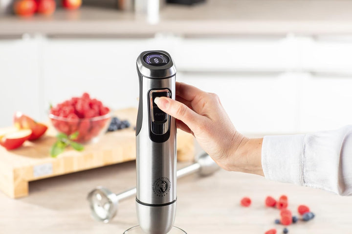 CHEF CUISINE Akku-Stabmixer, Edelstahl, 180W, 23.000 U/min, 9 Geschwindigkeitsstufen, 2x Pürierstäbe