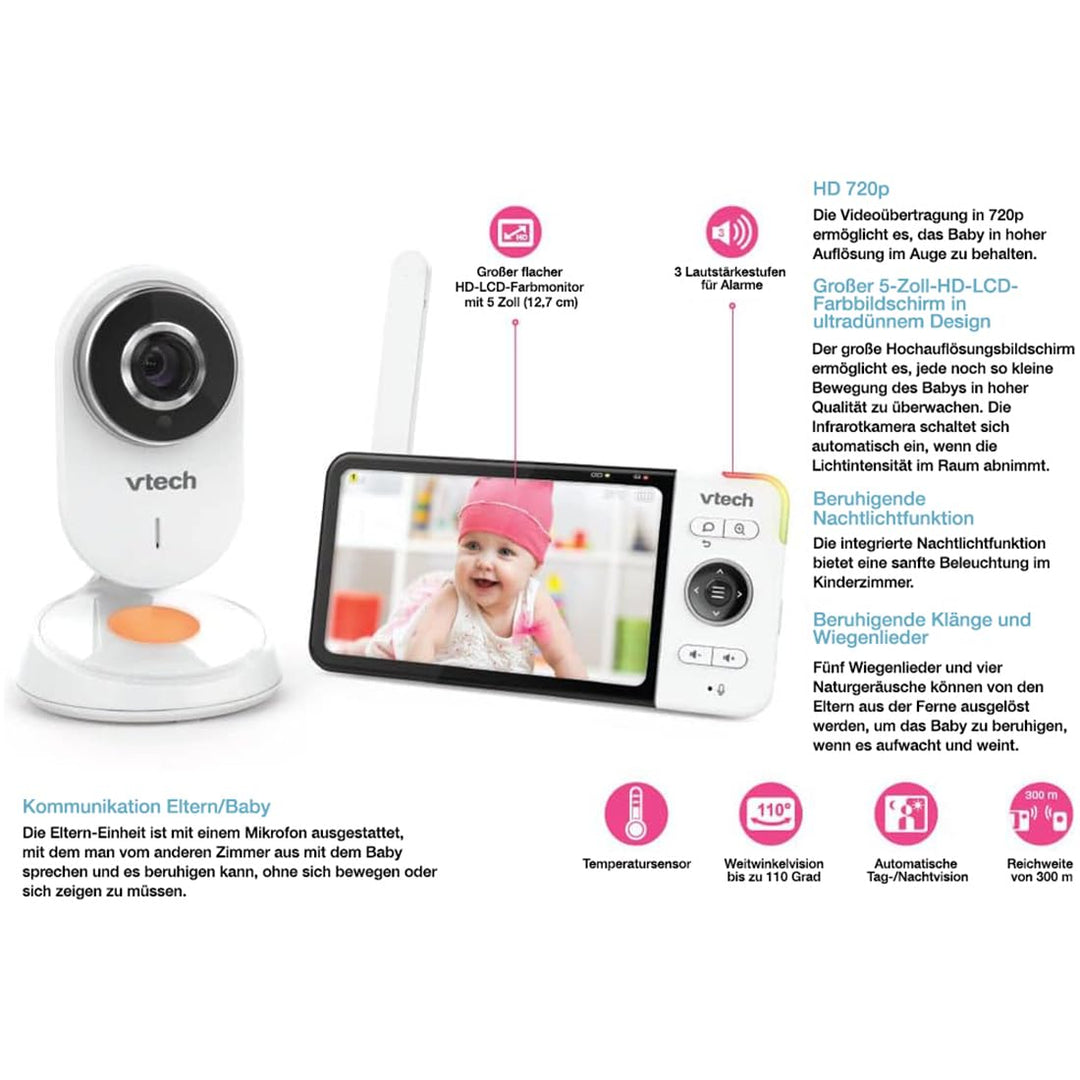 VTech - BM818 – Video-Babyphone Wide View HD – Display 5 Zoll (12,7 cm) Ultra Flach HD – Nachtlicht