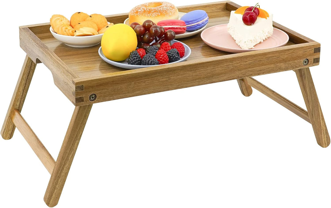 VaeFae Acacia Bed Table Tray, Frühstückstablett aus Holz mit klappbaren Beinen, Betttablett für Esse