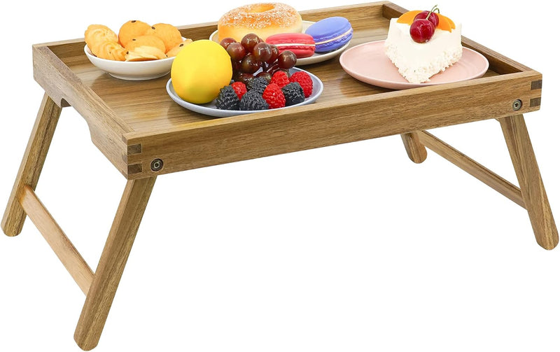 VaeFae Akazie Bett Tisch Tablett, Holz Frühstückstablett mit Klappbeinen, Betttablett für Essen und
