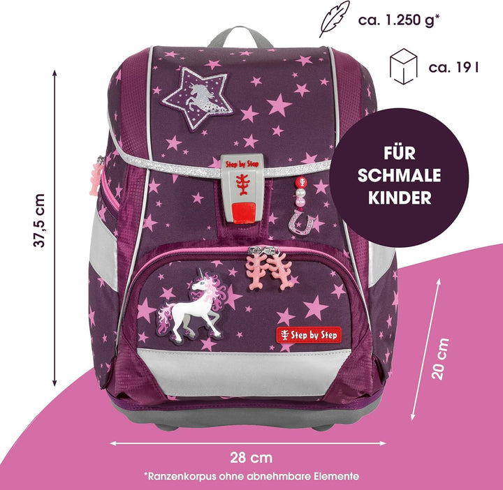 Step by Step Schulranzen-Set 2IN1 Plus „Unicorn Nuala“ 6-teilig, Beere, Einhorn-Design, ergonomische