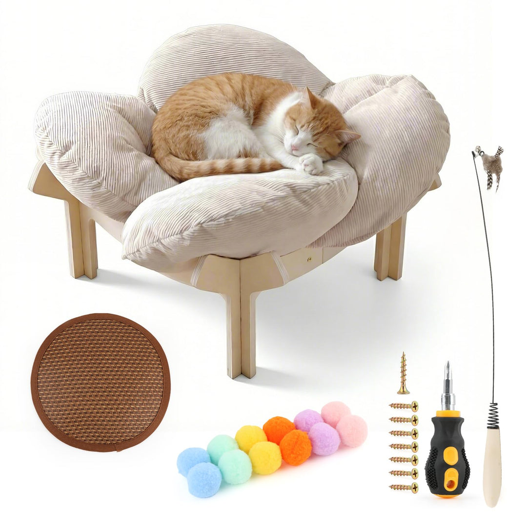 Erhöhtes Katzenbett in Blumenform,Stabiles Holzkatzensofa,Weiche Haustiersofa,Katzenstuhl mit Abnehm