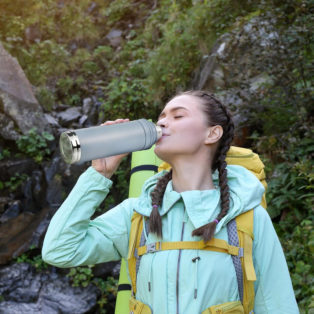 SANTECO Thermoskanne 1L - Thermoskanne mit Trinkbecher für unterwegs - Thermosflasche Edelstahl mit